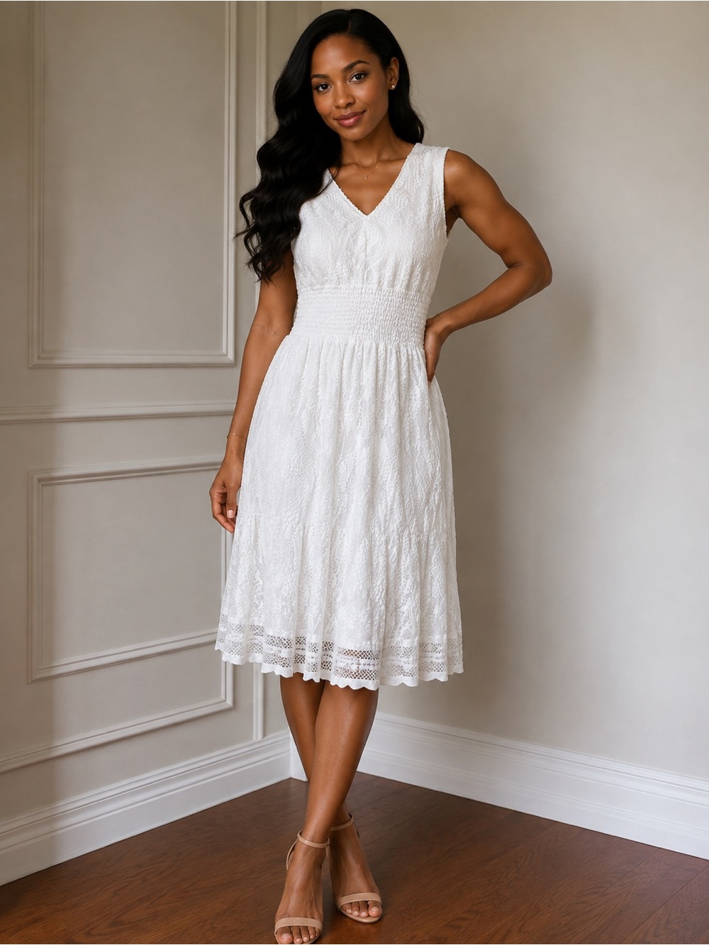 Sleeveless White Lace V-Neck Smocked Midi Dress